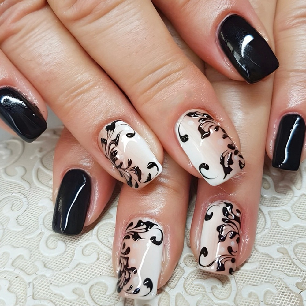 Chic Elegance Medium Square Black and White Artistry Acrylic Nails